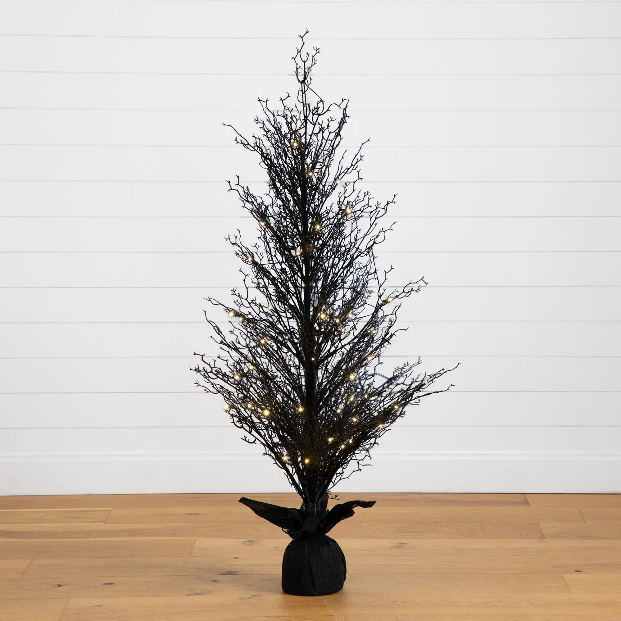 5ft Pre-Lit Bendable Black Twig Synthetic Halloween Tree - Burlap Planter, 85 Warm White LED Lights - Holiday Decor for Home Room Accent (Pre-Lit Tree Home Decor Accessory)