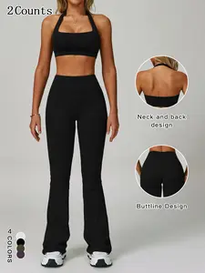 Fashion Quick-Dry Casual Stylish Activewear, Women's Solid Crop Sports Top & Flare Leg Sports Pants Set, Comfy Breathable Two-piece for Yoga Pilates Gym Workout Running, Ladies Sportswear, Yoga Gym Outfits, Yoga Clothes Set