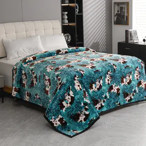 Oversized Super Plush Teal Tooled Leather Cow Print Flannel Blanket