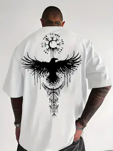 Men's Norse Viking Raven Graphic T-Shirt, Classic Premium Oversized Tee, Front & Back Printed Odin Raven Short Sleeve Top, Casual Streetwear for Summer