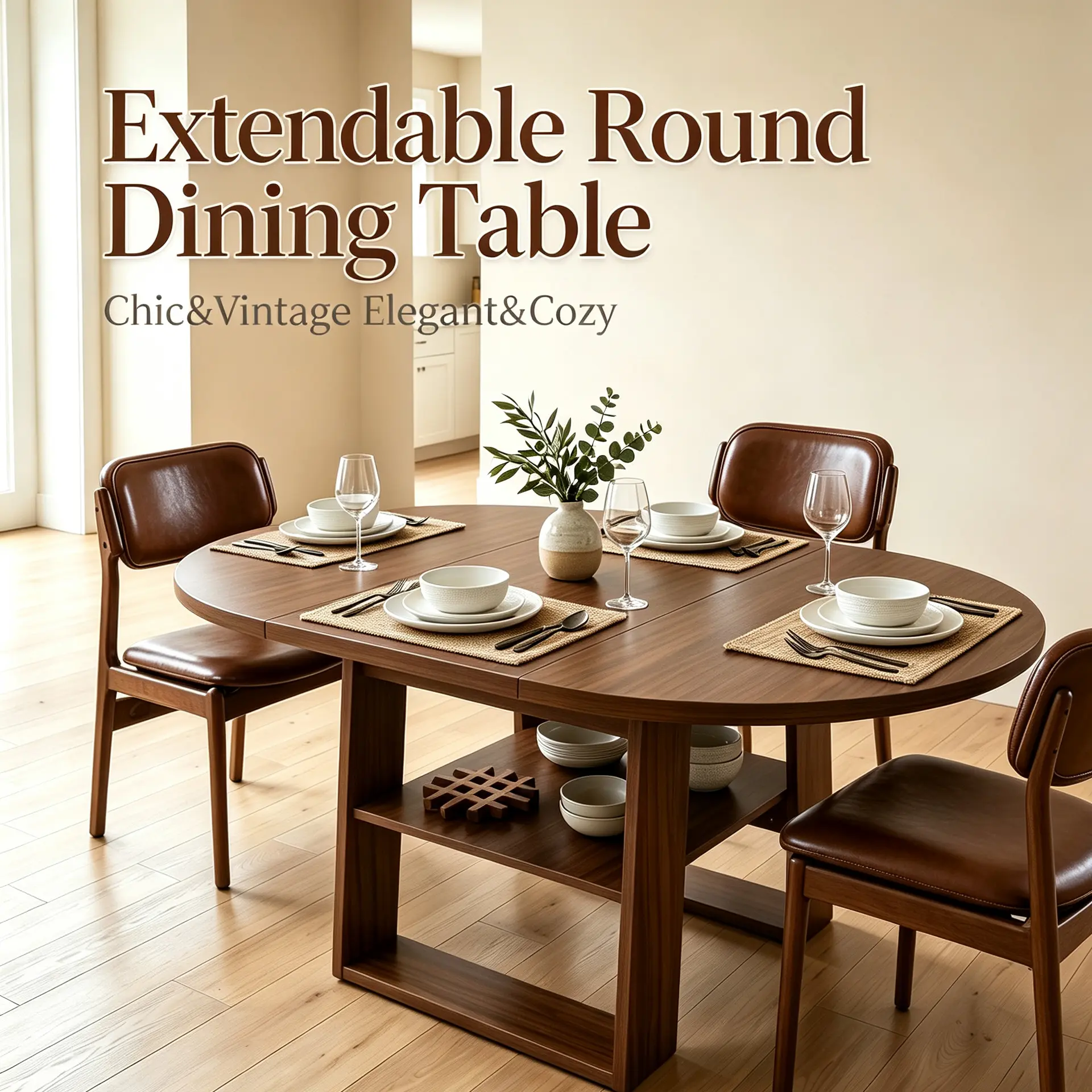 Farmhouse Extendable Round Dining Table - 43.3"-59" with Built-in Flip-Up Leaf, Converts to Oval for 4-6 Guests, H-Base Support, Storage Shelf, Walnut Finish, Easy Assembly, Indoor Furniture for Small Living Room