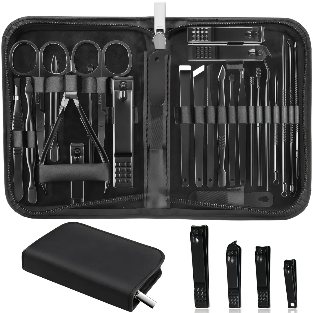 LMMAKE 1SET Manicure Pedicure Kit with Comedone Extractors, Professional Stainless Steel Nail & Skin Care Tools with Blackhead Remover Tools, Portable Travel Case for Home Use, Suitable for Women & Men