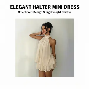 Holiday slim fit fashionable and sexy backless neck strap waist versatile solid color dress, women's clothing holiday slim-fitting sexy backless neck strap waist top fluffy short skirt dress