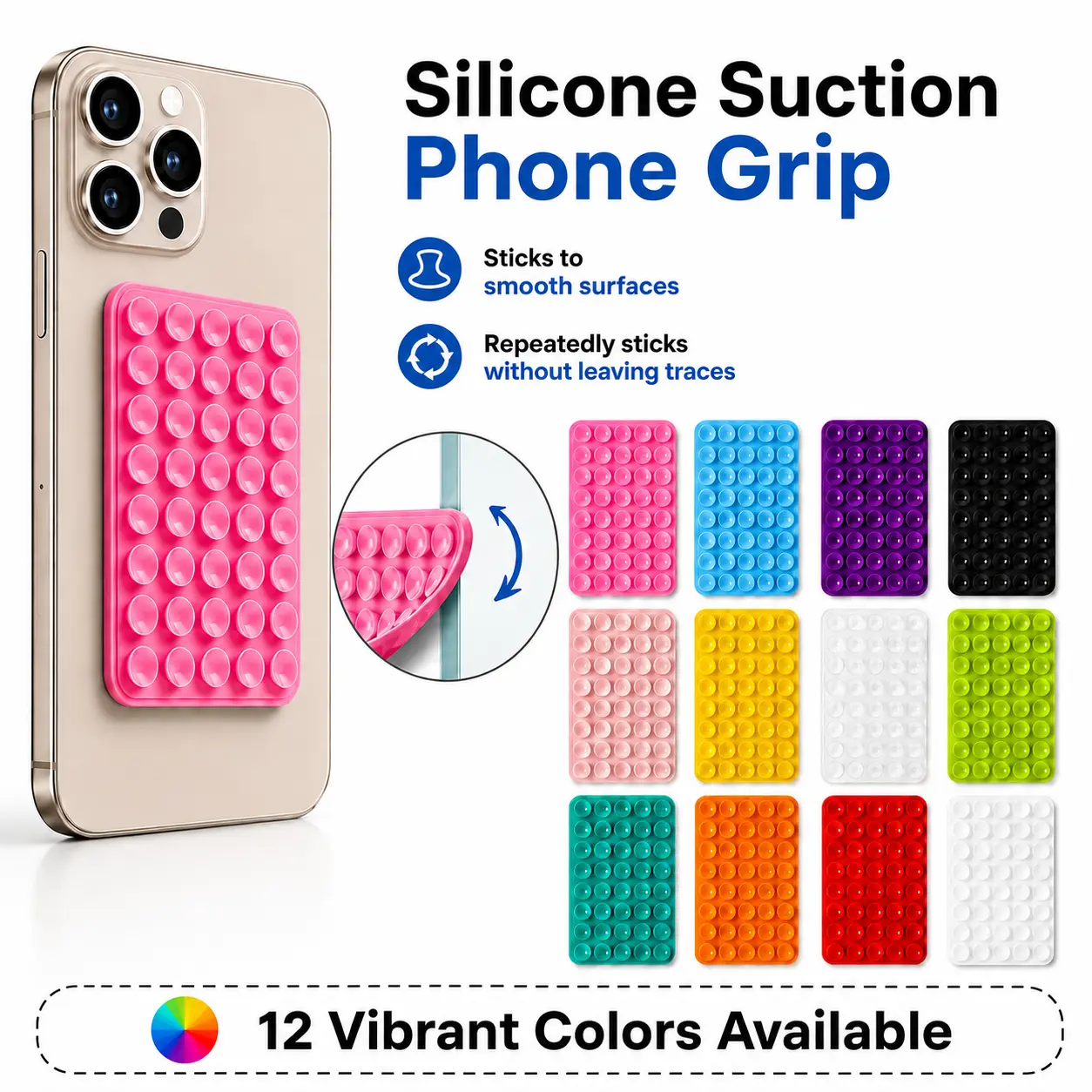 4-Pack Suction Phone Grip – Reusable Adhesive Holder for Smartphones Square Portable 4-Color Set, Fits Mirror/Tile/Glass Surfaces, Hands-Free Stand for Selfie/Video Call/Streaming Perfect for Vlog/Travel Use (4 Colors)