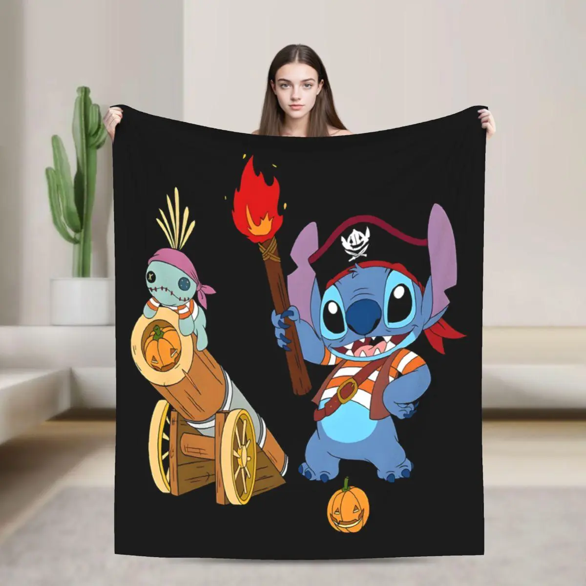 [SummerVibes] DISNEY CLASSIC Halloween Pirate Stitch Flannel Blanket - Soft, Warm, Pumpkin Cartoon Design, Sofa, Bed, Office, Blanket for Couch, Halloween Decorations