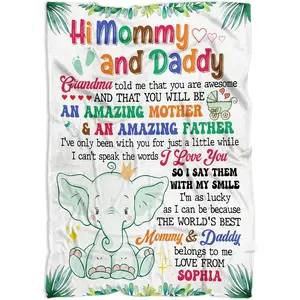 Elephant Mom and Baby Blanket, Hi Mommy Daddy Blanket, Baby Name Blanket Gifts for Expecting First New Mom Dad to Be from Bump, Meaningful 1st