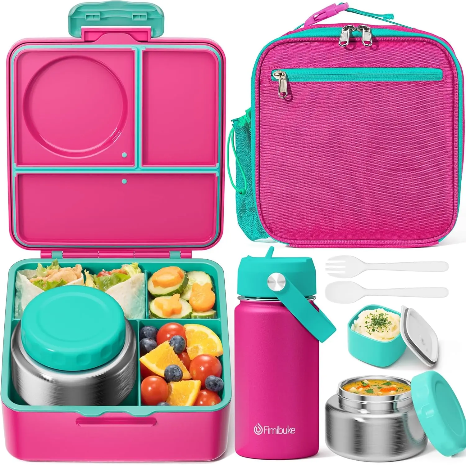 Fimibuke Leakproof Insulated Bento Lunch Box - 3 or 4 Compartments, 8.5oz Stainless Steel Thermal Food Jar, Utensils, Sauce Container, BPA-Free, Dishwasher Safe Tableware for School, Work, Thermal Lunch Boxes