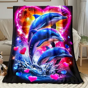 1Pc Dolphins Heart Neon HD Printed Blanket. Soft And Warm Flannel Blankets For Travel, Camping, Sofa, Livingroom, Couch, Chair, Bed. Gift For Family Or Friends 280GSM 3 Sizes Available (30X40In/50X60In/60X80In)
