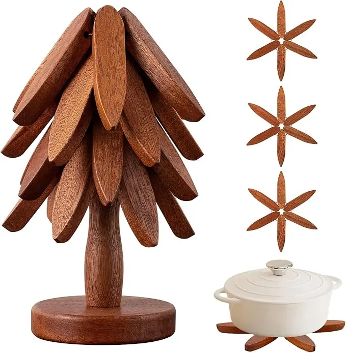 Natural Tree Trivet Set - 4 Wooden Trivets & 1 Stand - Heat-Resistant Foldable Solid Wood - Durable Kitchen Accessories - Ideal for Hot Dishes - Birthday Gift Idea