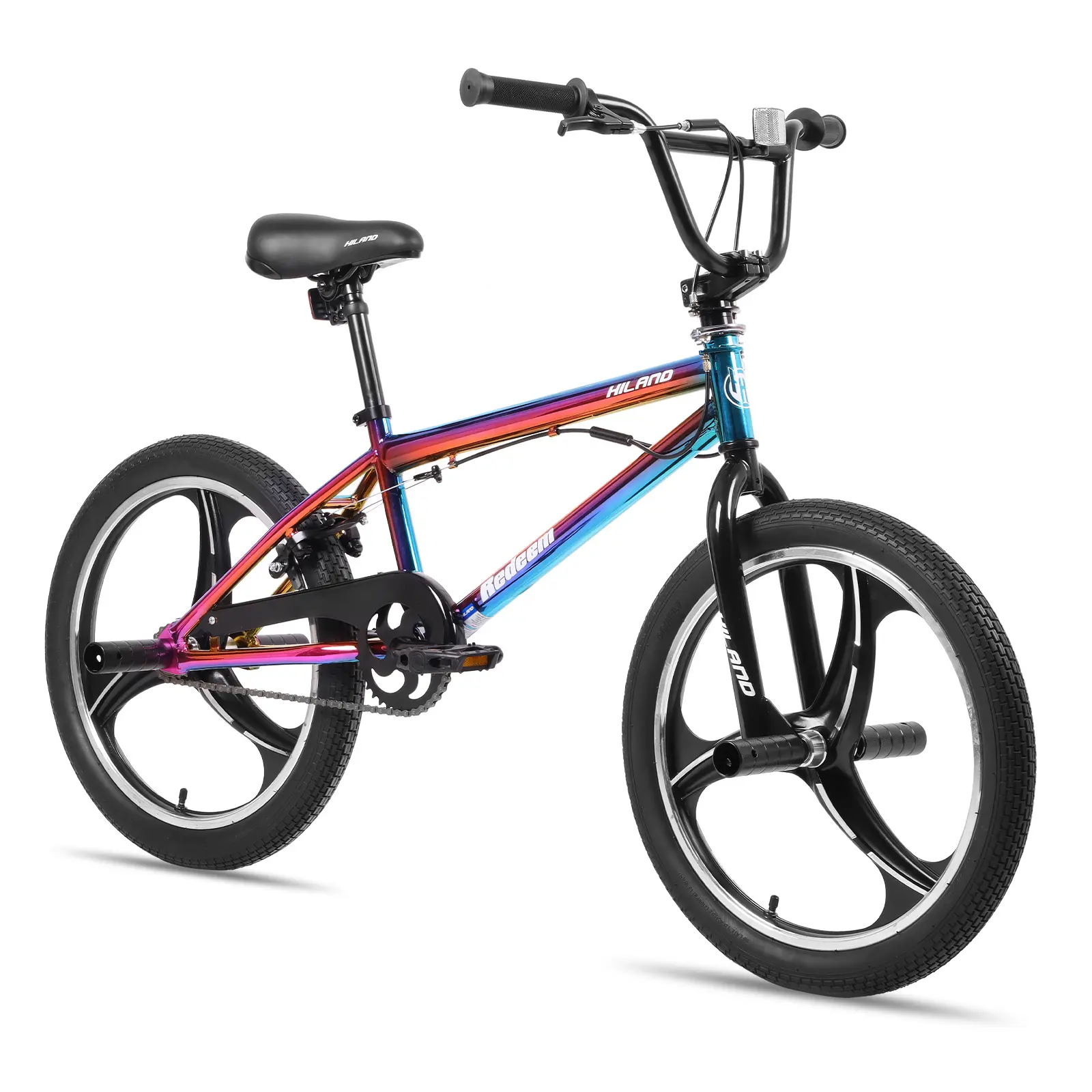 HILAND 20-Inch 3-Spoke Kids BMX Bike for Ages 5-12, 360-Degree Rotor, 4 Pegs, Single Speed, Reflectors, Trick-Ready, Chain Guard, Oil Slick Design, Strength-Enhanced Frame, Tricks, Hops, Fun Factor, Safety, Stability