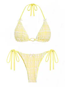 SEAMOLY Women's 2-Piece Textured Bowknot Decor Halter Triangle String Bikini Set - Solid, Adjustable Side Ties, Customizable Fit, High-Stretch Swimsuit Fabric Cheeky 2025 Beachwear summervibes