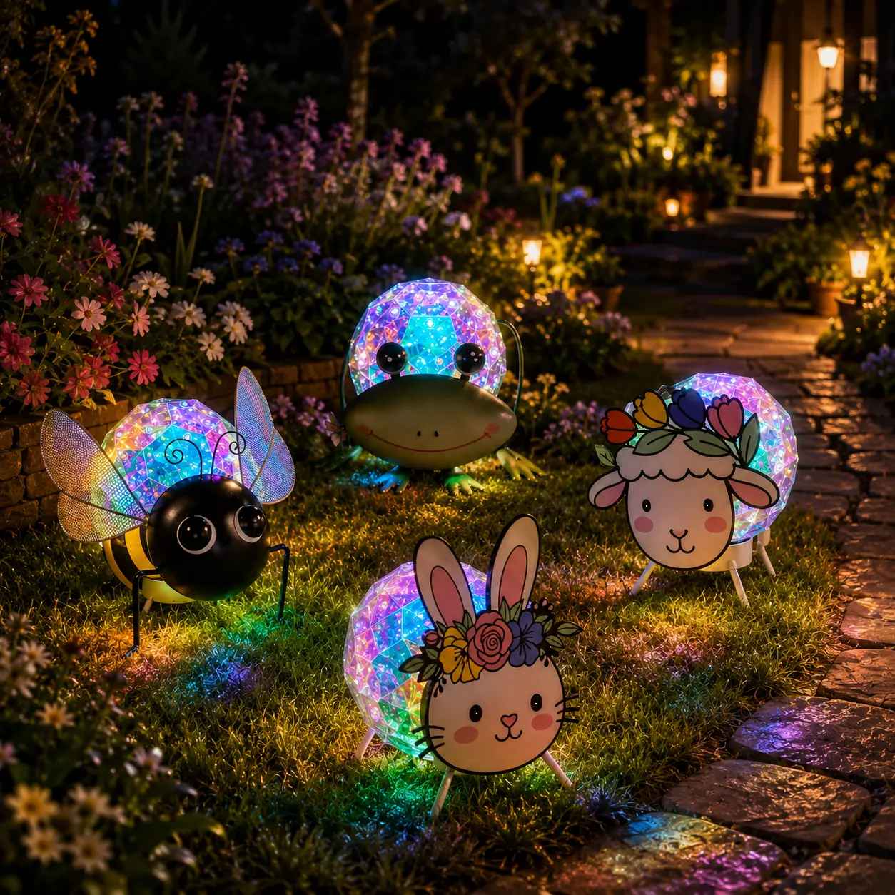 Solar-powered garden lights, animal-shaped night lights with removable rainbow balls, LED decorative lights featuring bees, frogs, rabbits, and lambs, waterproof outdoor lighting, perfect for decorating yards, lawns, patios, and walkways