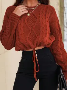 Women's Plain Drawstring Drop Shoulder Cable Knit Crop Sweater, Casual Fit Long Sleeve Round Neck Jumper for Fall & Winter, Sweaters for Women, Fashion Ladies' Knitwear for Daily Wear