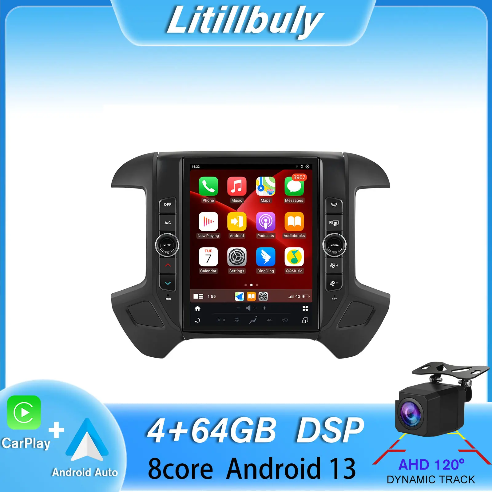 Car Stereo for Chevy Silverado GMC Sierra 2014-2018 touch screen has Android Auto Wireless Carplay, Bluetooth WIFI supports GPS Navigation- Note: Extra Fiber Optic Box Required for Bose Systems