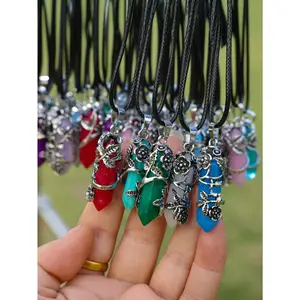 10Pcs Vintage Hexagon Pillar With Flower Natural Crystal Stone Pendant Necklaces Set - Perfect Couple Gift, Friendship Jewelry For Women & Men, Holiday Present, Anniversary Token (Random Style)