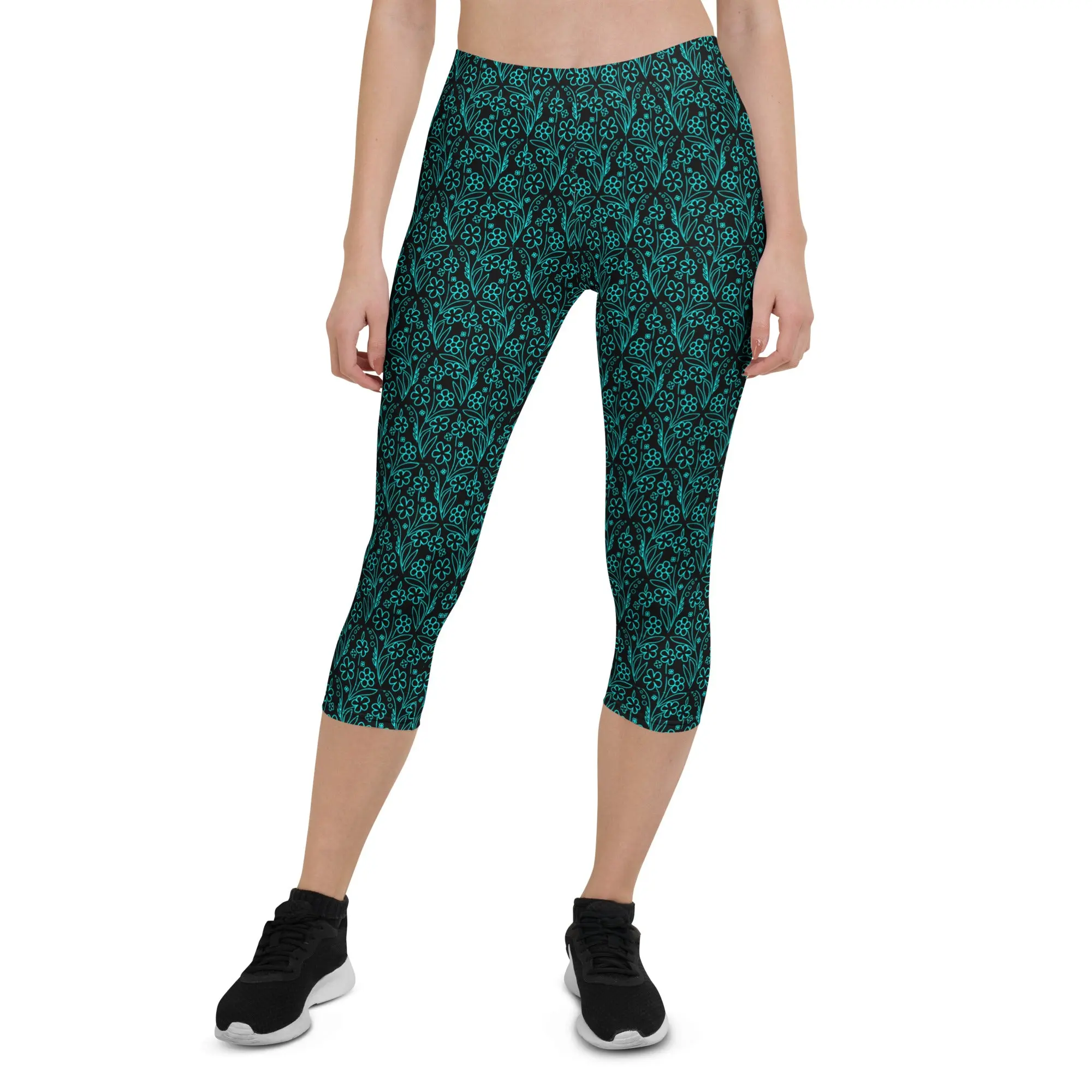 Women's Capri Leggings - Neon Cyan Floral Outline All-Over Print Recycled Activewear