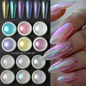 12pcs Aurora Nail Powder Set, Blue Chrome Glitter UV Gel Polish Nail Art Design Dip Powder, Manicure Kit for Nails, Non-Flammable Liquid, Translucent Glitter