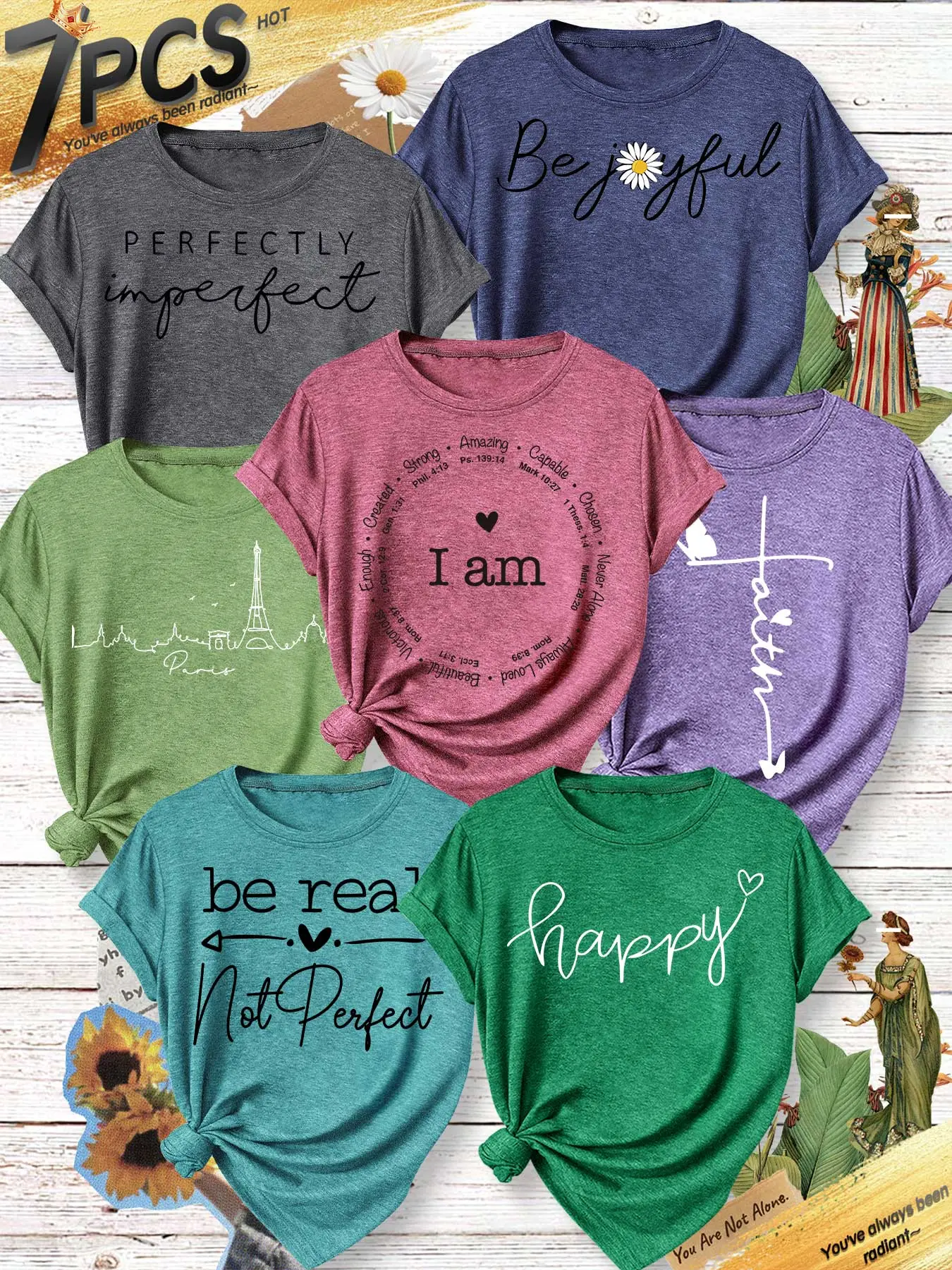 7-Pack Women's Crew Neck T-Shirts, "Be joyful"/"I am"/"faith"/Paris Inspirational Slogan Print Set, Multiple Colors Available, Machine Washable, Spring & Summer Casual Top, Soft Skin-Friendly Fabric, Daily Versatile, Fashion Design
