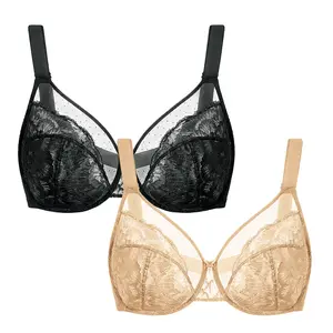 MoKongFu 2 Pack Floral Lace Bra, Unlined Mesh Underwire, Natural Lift Support, Soft Breathable Lingerie, Plus Size Essential for Everyday Wear