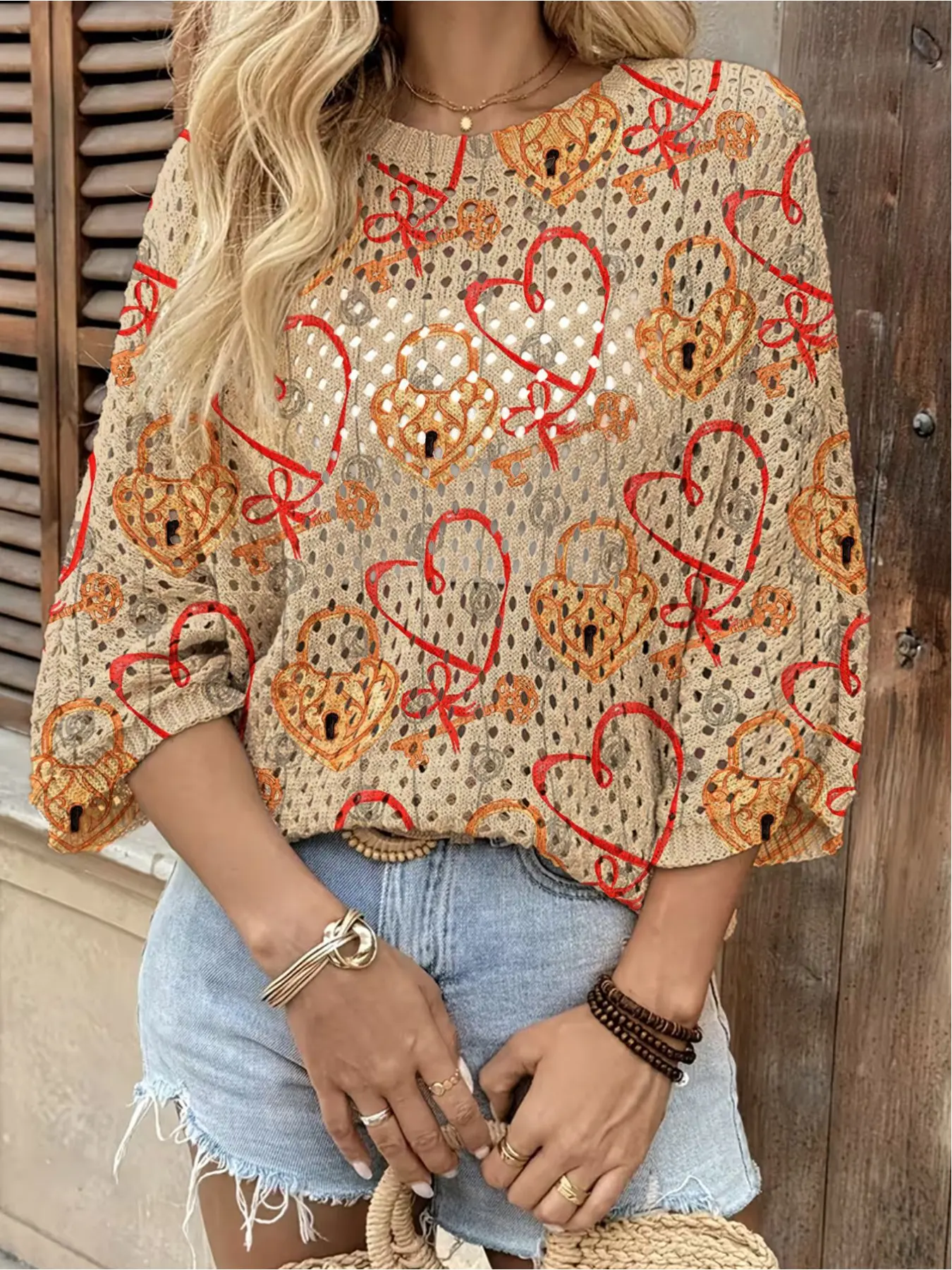 Spring & summer Bohemian knit top, round neck, hollow-out batwing sleeves, loose fit. Contrast heart print, lightweight. Perfect for daily, commute, vacation, beach bikini cover-up & Valentine's Day.