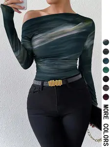 Women's Marble Print Ruched Asymmetrical Neck Tee, Casual Long Sleeve T-Shirt for Spring & Fall, Women's Clothing for Daily Wear