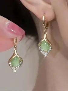 Elegant Green Opal & Rhinestone Decorated Dangle Earrings, Dangling Earrings, Fashion Jewelry for Party, Daily Clothing Decor, Trendy All-match, Trendy Fashionable Accessories & Exquisite Jewelry for Birthday Gift, Jewelry Gifts, High Quality Earrings