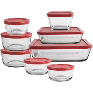 Anchor Hocking 16 Piece Glass Storage Containers with Lids (8 Glass Food Storage Containers & 8 Red SnugFit Lids)