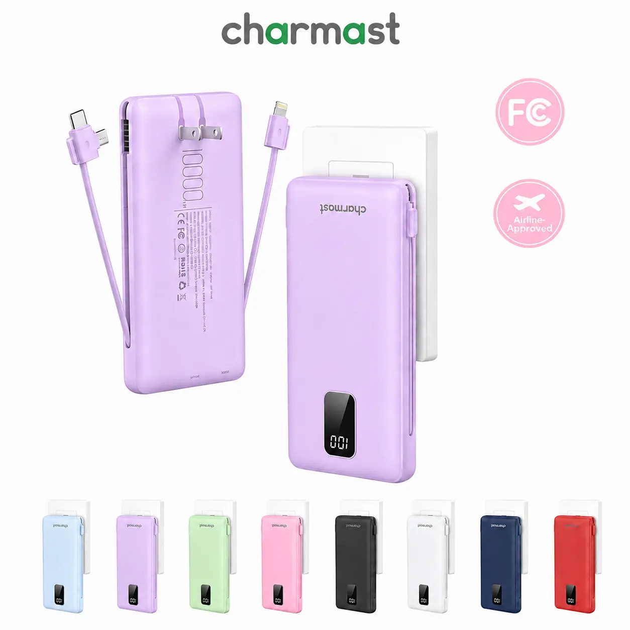 charmast Portable Charger with Built-in Cables and Wall Plug, 10000mAh USB C Portable Power Bank, Potable Phone Charger, Travel Essentials Compatible with iPhones, Samsung Galaxy, iPad, Micro Smartphone Chargeable Compact Charging