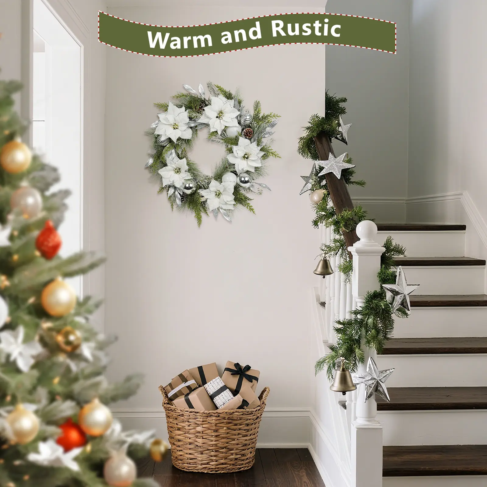 24" Artificial Christmas Wreath with White Poinsettia & Silver Shatterproof Balls for Indoor Outdoor Holiday Decor