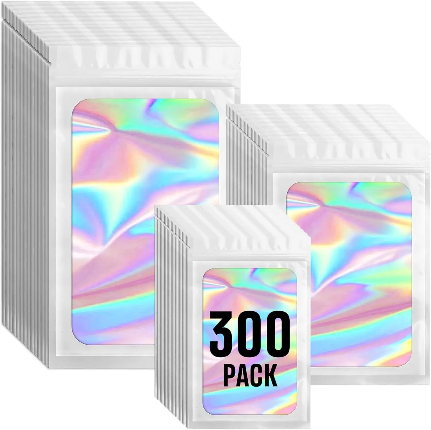 300-Pack Shiny Lightweight White Holographic Window Mylar Bags Set, 3 Assorted Sizes Airtight Seal Smell Proof Resealable Foil Zipper Pouches for Food & Crafts, Small Business Packaging, Mylar Foil