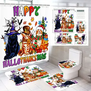 1/4pcs Halloween Thanksgiving Christmas Bathroom Set, 4-Piece Shower Curtain with Toilet Seat Cover & 2 Bath Mats, Festive Cats in Witch/Pilgrim/Santa Hats, Autumn Leaves Snowflake Pumpkin Spider Web Decor, 'HAPPY HALLOTHANKS MAS' Multicolor Text,