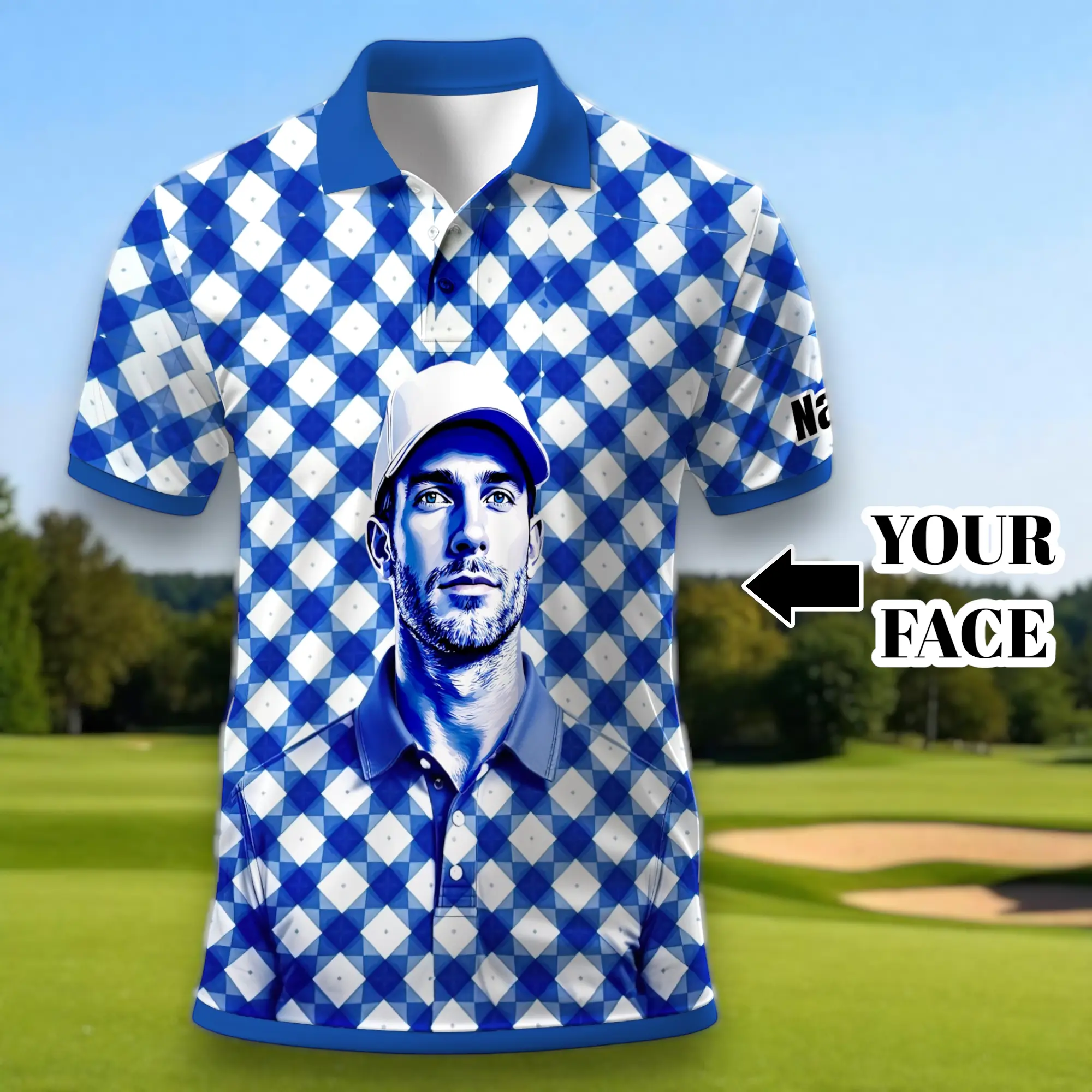 Personalized Photo Golf Polo Shirt - Custom Face Geometric Diamond Pattern Soft Breathable Fabric Unisex Fit Machine Washable Unique POD Gift for Him Retro Style