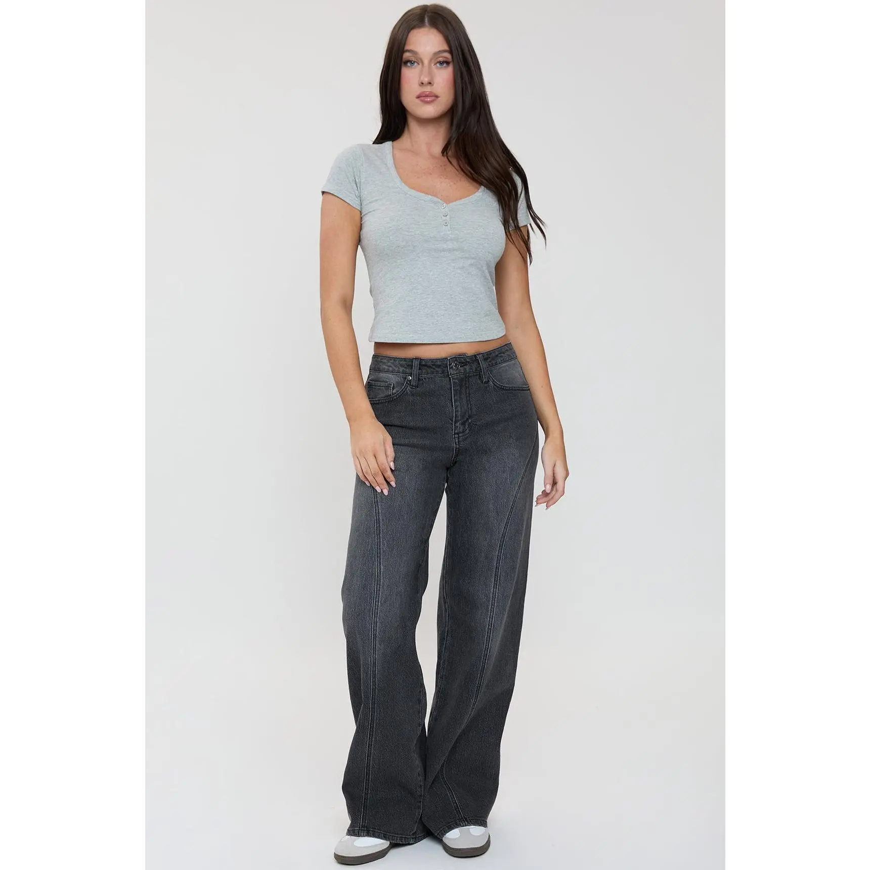 Women's Bella Mid-Rise Wide Leg Jeans, Stretch Cotton Denim with Front Seam Detail, 5 Pockets and Belt Loops for Everyday Wear, Spandex, Bottom, Fit, Statement, Style