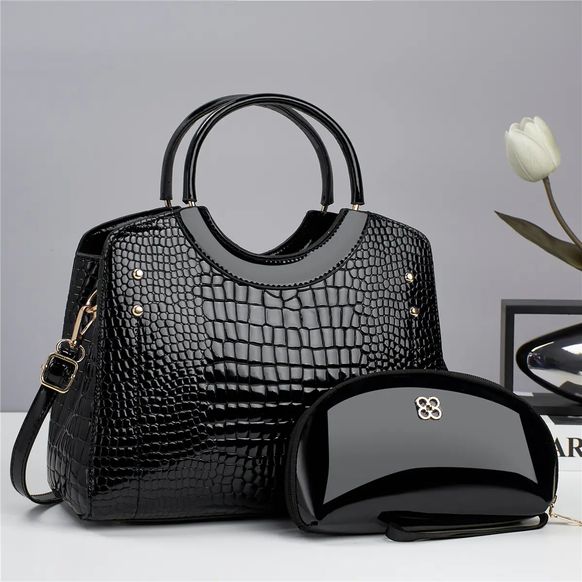 Women's Croco Print Handbag Set, Medium Elegant Top Handle Satchel in Glossy PU Leather with Adjustable Shoulder Strap, Chic Look