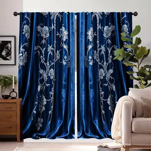 2 pieces of elegant dark blue vintage curtains, Art Deco style, floral print, durable polyester, blackout curtains for bedroom and study - rod bag design (without rod), living room curtains, Window Curtain