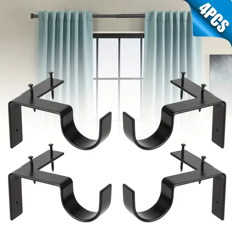 4pcs No-Drill Curtain Rod Bracket, Adjustable Heavy-Duty Window Curtain Support, Easy Installation for Living Room & Bedroom, Curtain Rod Holders, Curtain Brackets