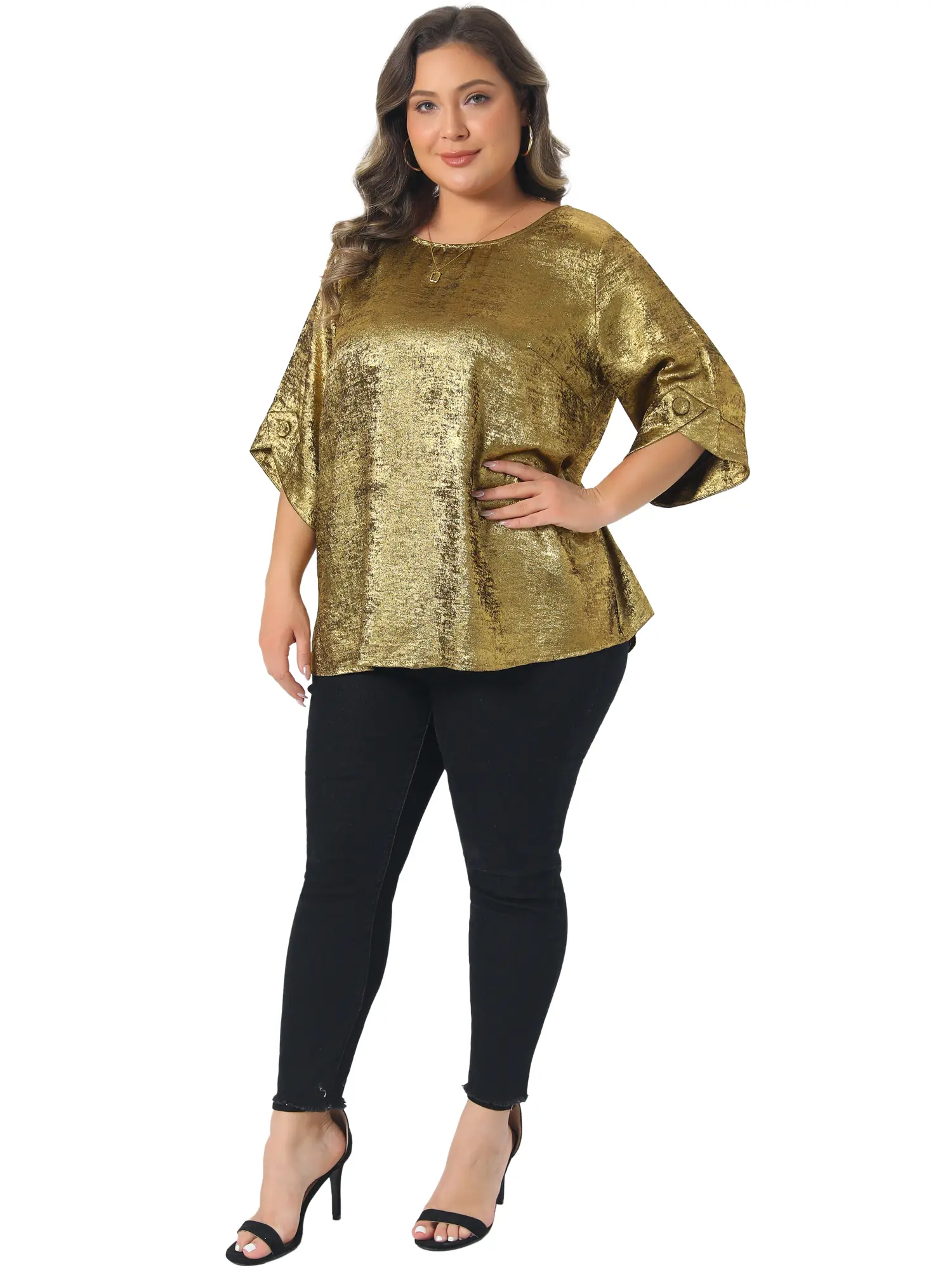 Agnes Orinda Plus Size Women's Metallic Tops Sparkly Crew Neck Casual Loose Shirts 3/4 Sleeve Patry Tunic Blouses