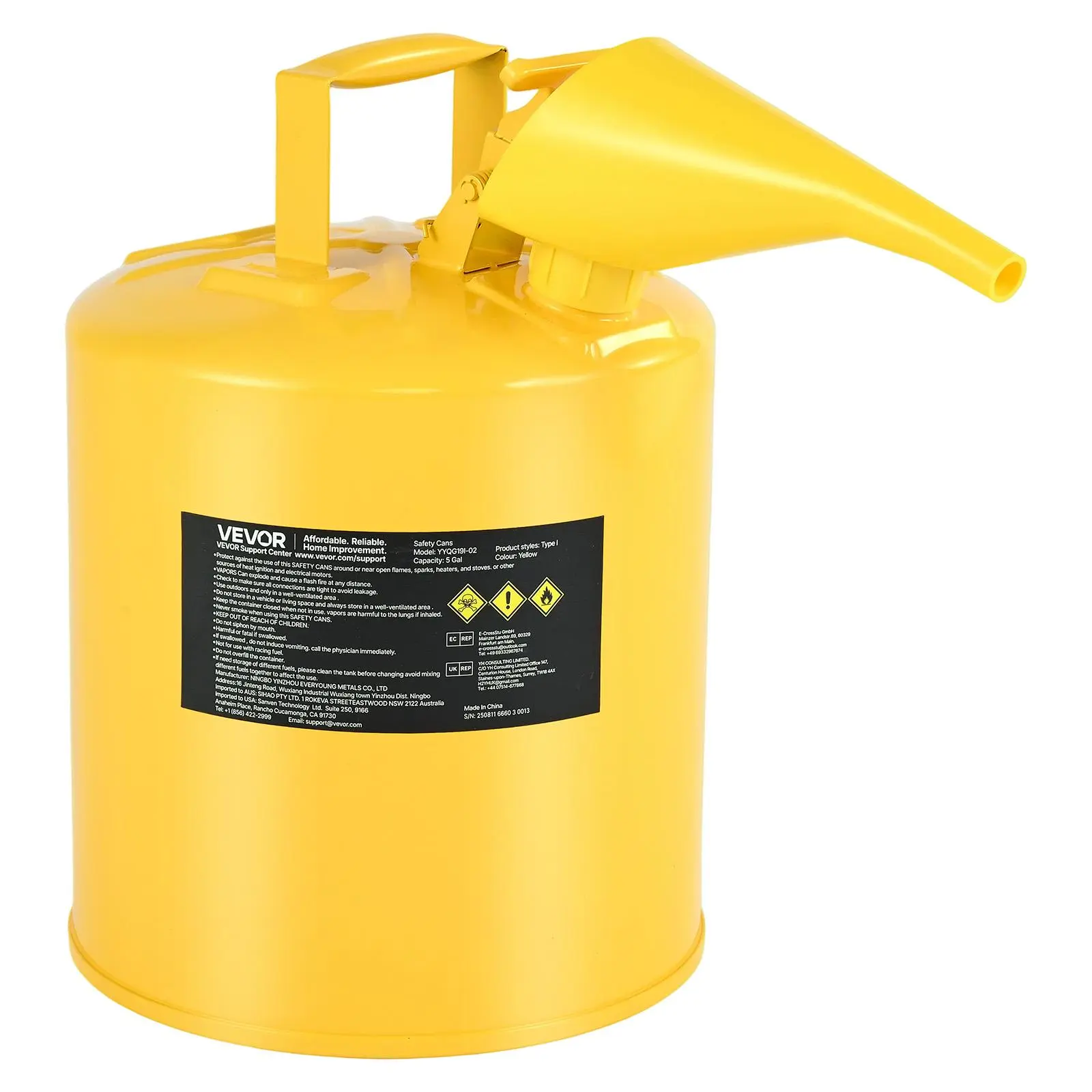 【SummerFinds】VEVOR Safety Can, 5 Gallon Type I Yellow Safety Can for Diesel with Stainless Steel Flame Arrester, Self-Closing Lid, and PE Funnel, Carbon Steel Flammable Storage Container with Ergonomic Handle