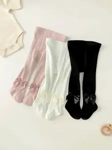 3-piece Soft Breathable Ribbed Tights with Bows, Comfortable Baby Leggings for All Seasons, Fashion Baby Stretchy Tights Set, Soft Comfy Socks, Baby Clothing