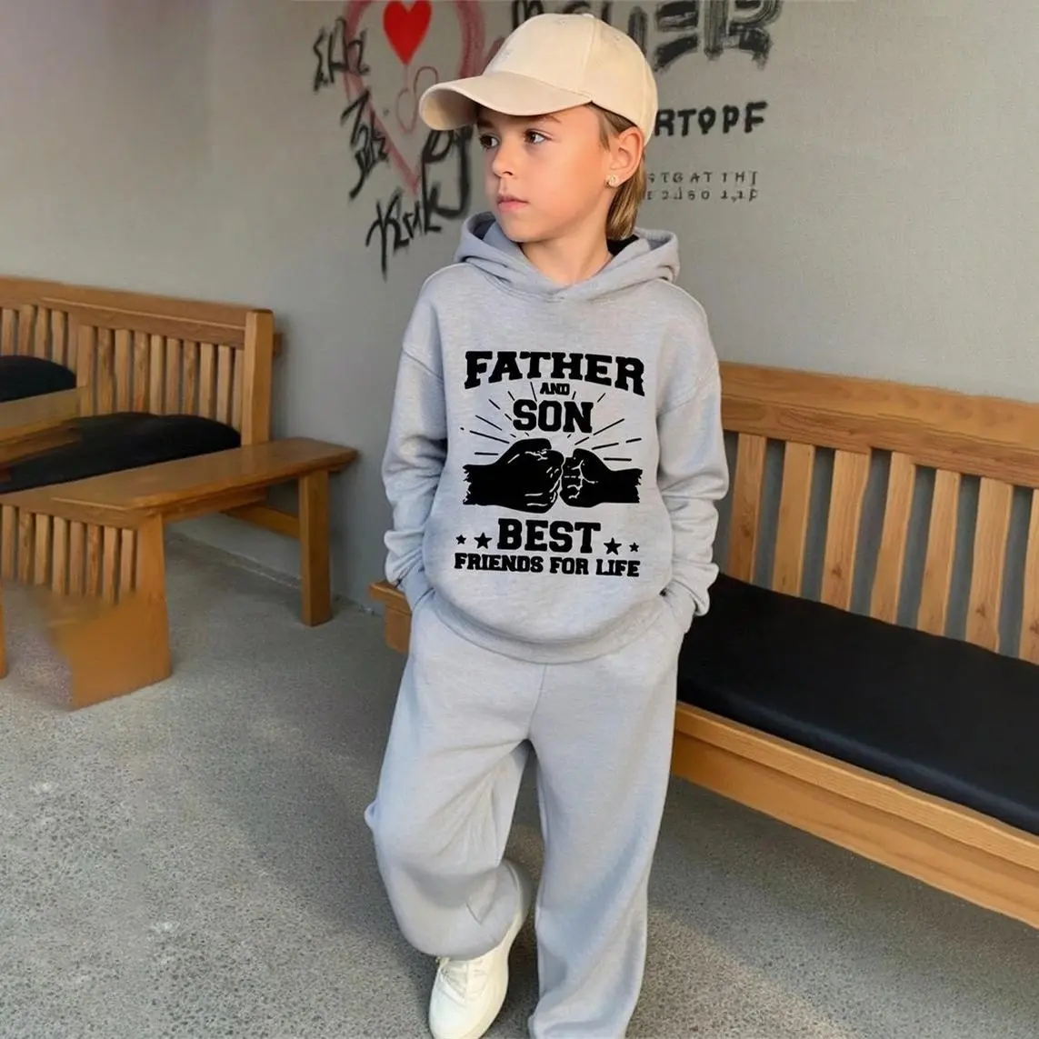 Boys' 2-Piece Friendship Print Fleece-Lined Hooded Tracksuit - Match Style Set, Autumn Winter, Indoor Casual Sports Outfit, Sports Clothing Set, Long Sleeve, Tracksuit Set