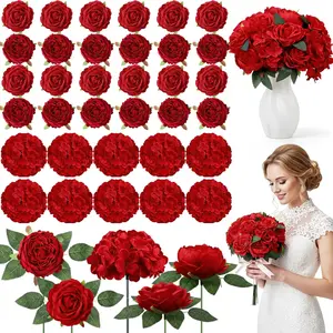 60 Pcs Silk Artificial Flowers, Faux Fake Full Hydrangea Peony Rose Bouquet with Leaf Stem for Wedding Centerpiece Bridal DIY Craft Baby Shower Party Decor(Red)