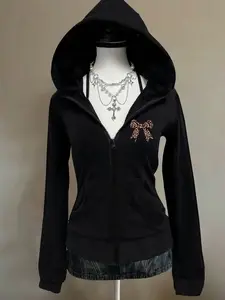 Women's Zipper Hooded Jacket, Fitted, Campus Style, Simple Basic Design, Youthful Holiday Casual Fashion, Trendy Sportswear, Versatile Leopard Bow Print, Graphics, Womenswear