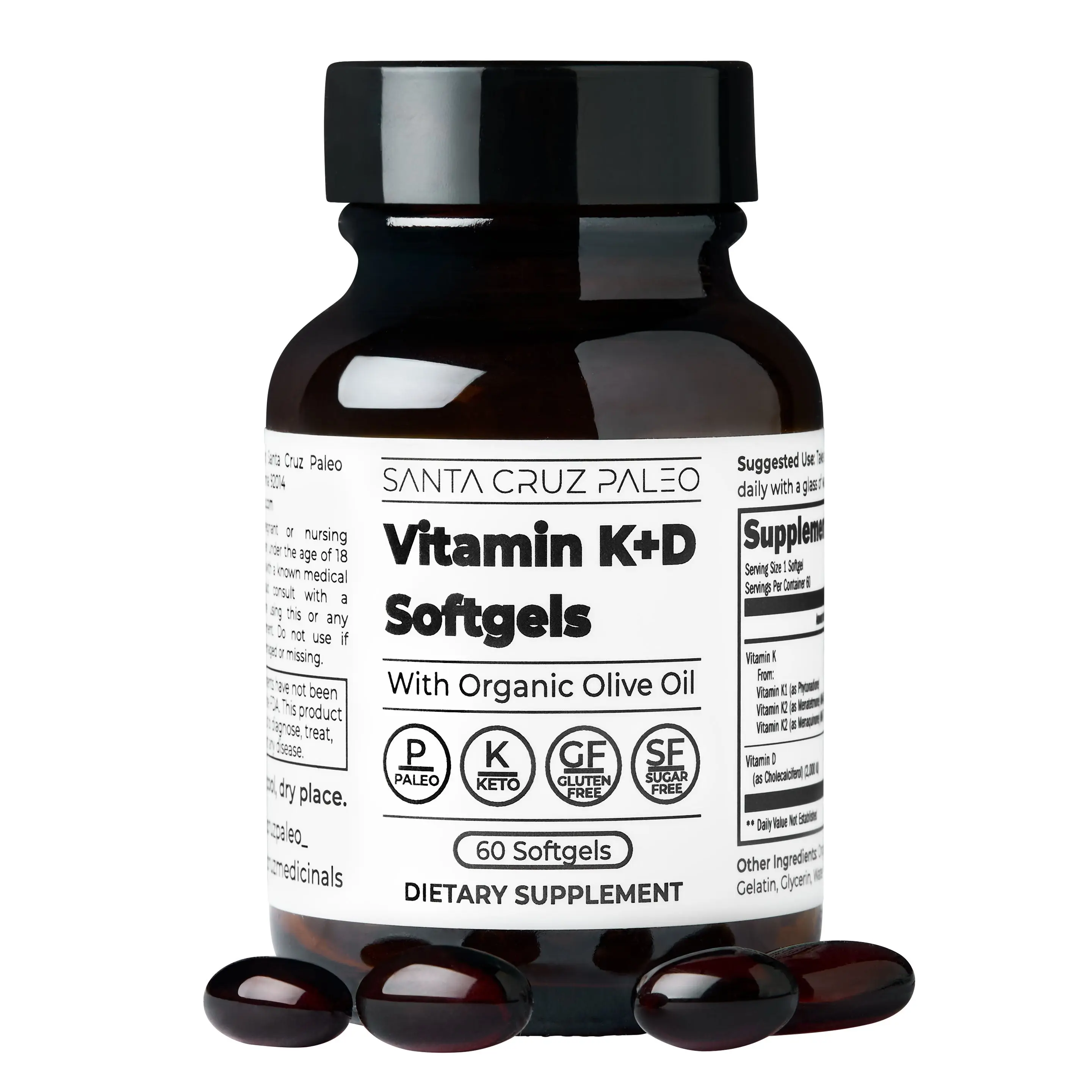 Santa Cruz Paleo Vitamin K2 + D3 Softgels - 60 Servings - Supports Heart & Bone Health - Daily Supplement for Men and Women with Organic Olive Oil, Vitamin K1 and K2 - Gluten Free, Sugar Free, Paleo, Keto