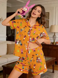 Women's Bobs Burgers Family Cartoon Print Pajama Set, Two-Piece Button-Up Top and Shorts, Casual Homewear, Comfortable Wear-Anywhere Sleepwear
