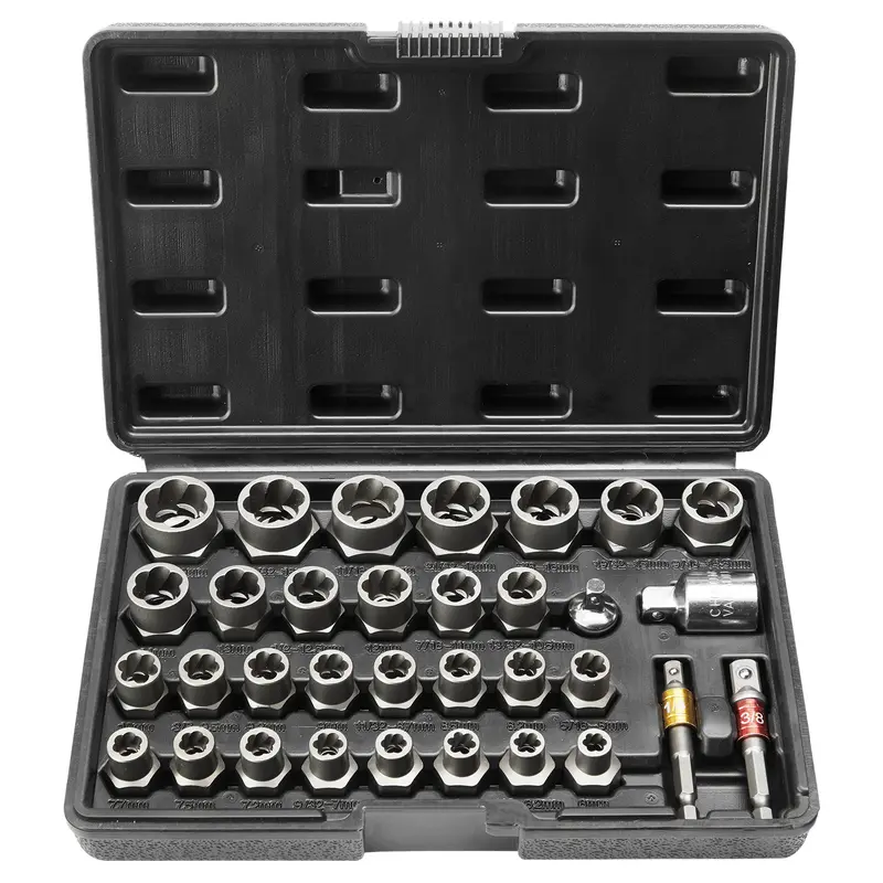 VEVOR Bolt Extractor Set, TikTokShopBlackFriday, 29-Piece Bolt and Nut Remover Set, 6mm to 10mm, 13/32" to 3/4", CR-MO Steel Extraction Socket Set with Storage Case, for Removing Damaged Rusted Bolts, Nuts and Screws  VEVOR Super Brand Day