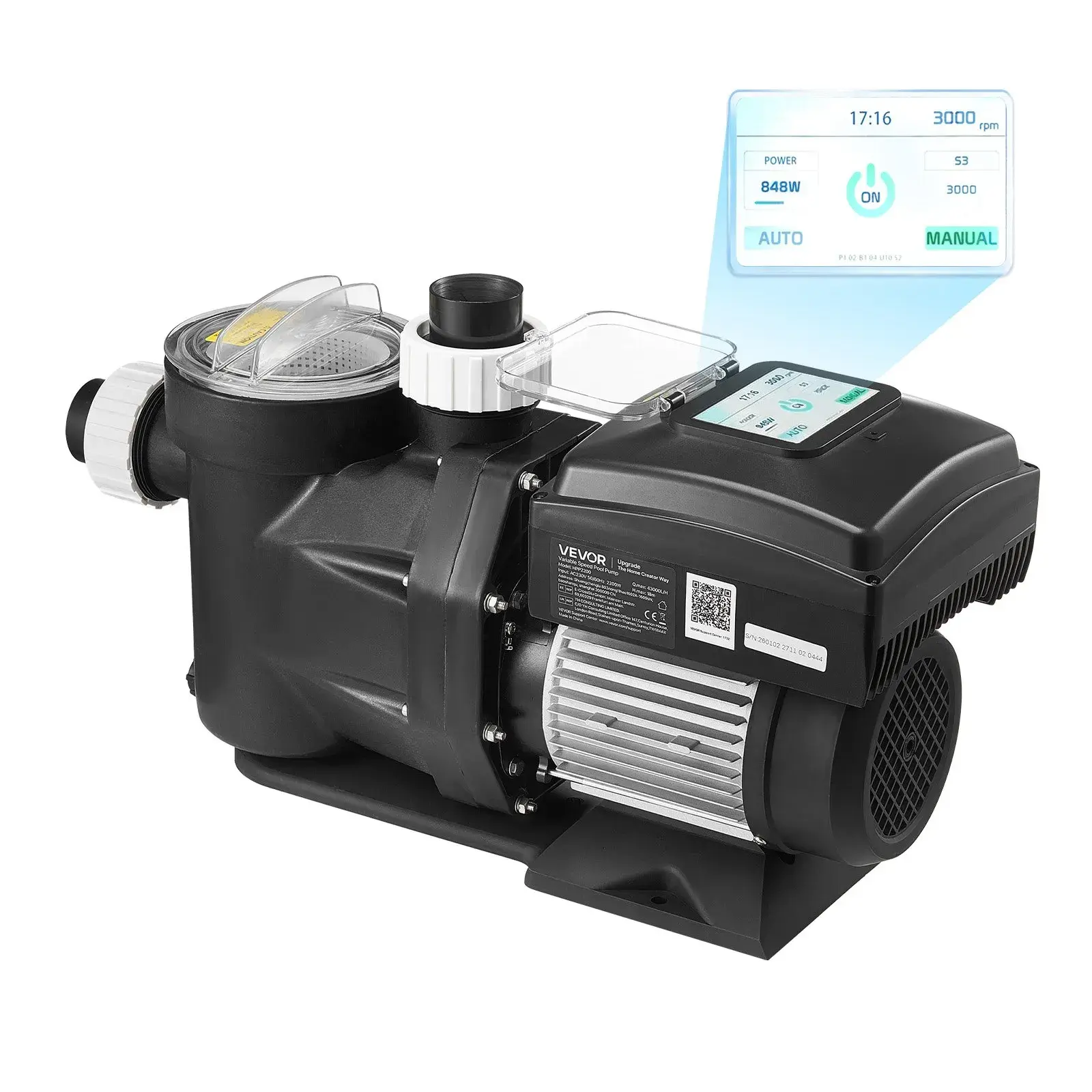 【summerfinds】VEVOR Variable Speed Pool Pump, 1.5 HP, AC 220-240V, 115 GPM, In/Above Swimming Pool Pump with Filter Basket, Powerful Self Priming, Programmable Timer, for Inground and Above Ground Swimming Pool