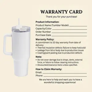 Warranty Card For Our 40oz Tumbler, Stainless Steel with Handle and Straw