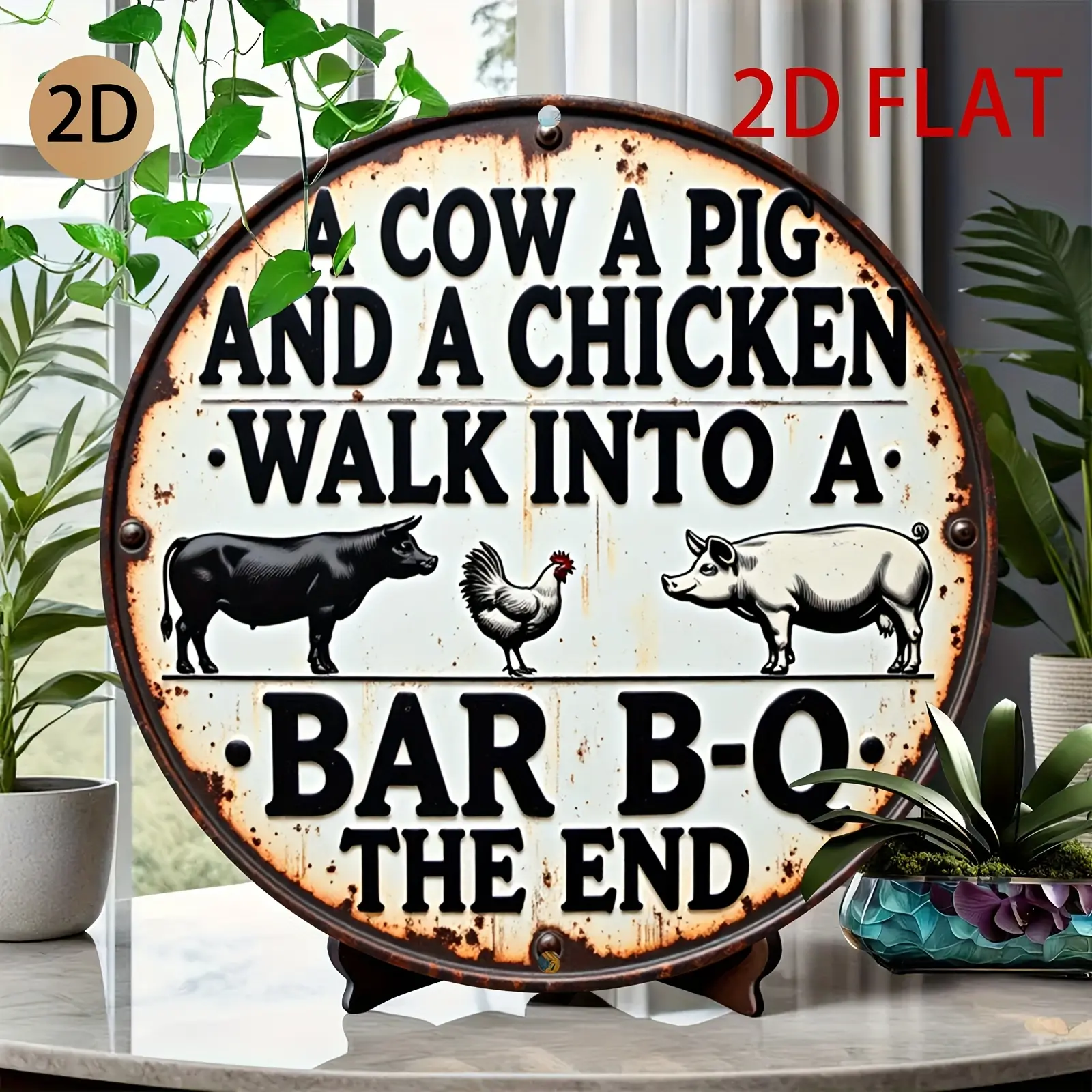Trend Gorpcore Animals Aluminium BBQ Metal Tin Sign - Multicolor Funny Retro Art Deco Cow Pig Chicken Round Plaque, Farmhouse Kitchen Decor Accessories, Barbecue Grill Accessory, Home Decor Gift