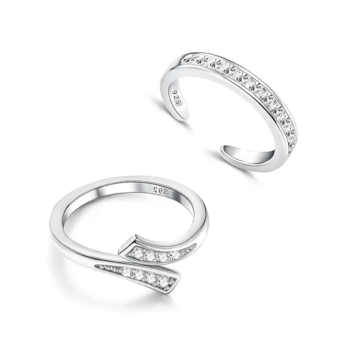 LeCalla 2Pcs 925 Sterling Silver Toe Rings Set for Women | Cubic Zirconia Adjustable Band Rings | Summer Barefoot Jewelry