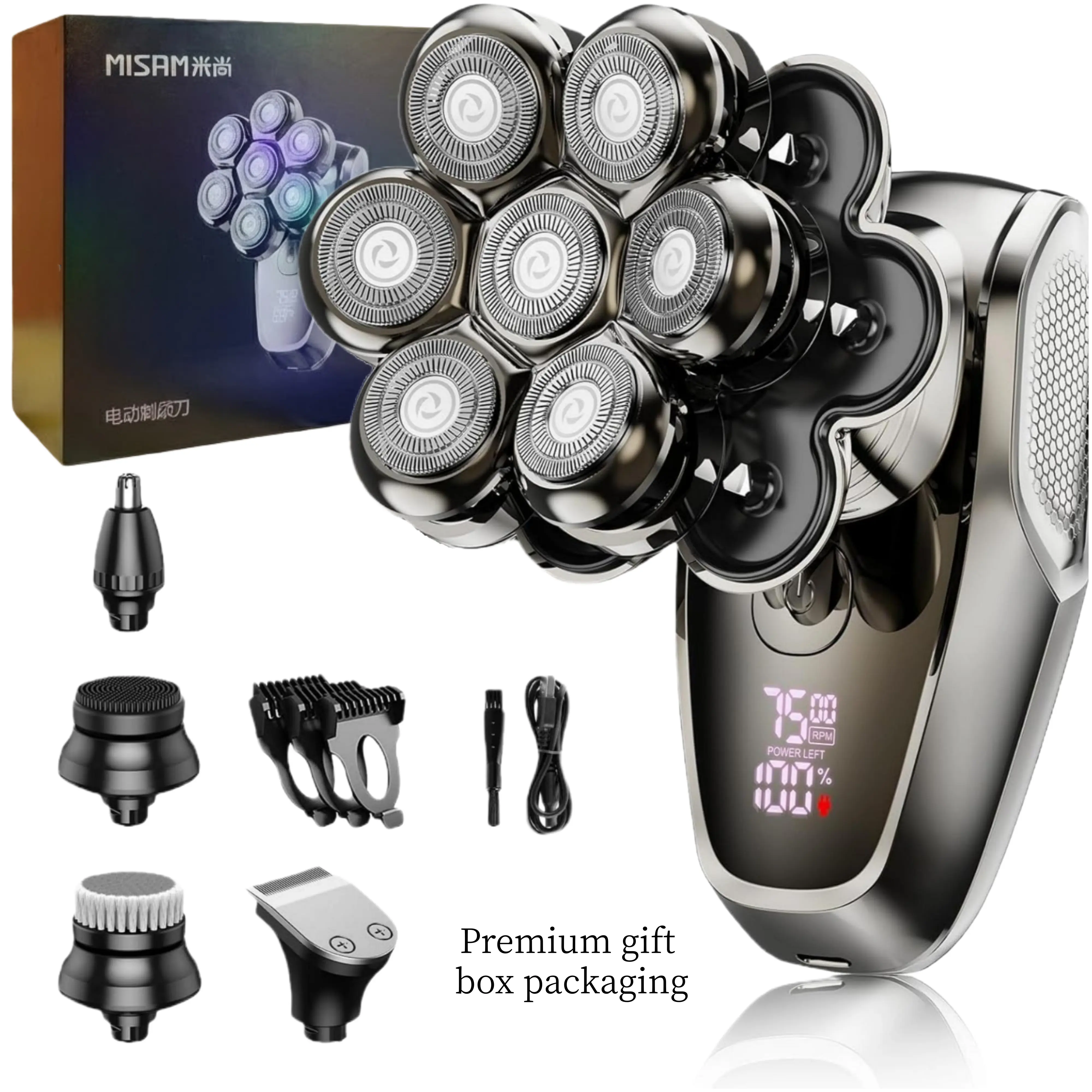 5-in-1 7D Electric Head Shaver for Bald Men, Magnetic Detachable Rotary Shaver with Magnetic Clean, IPX7 Wet & Dry, LED Display, USB-C Rechargeable Grooming Kit with Smooth Storage